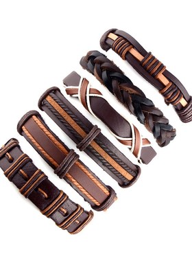 手链饰品时尚牛皮蜡绳编织手链6件套牛皮手链现货