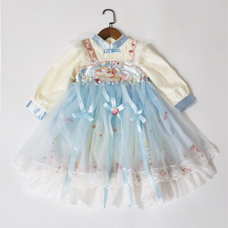 反季特卖新中式~节日n礼物~冬女童加绒连衣裙汉服浅蓝色演出服礼