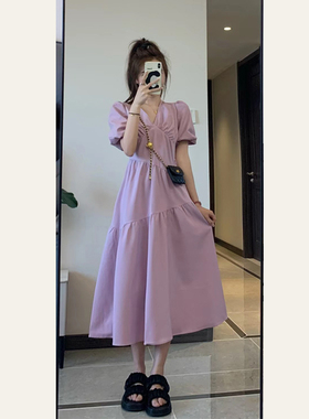高级感紫色连衣裙女夏季2023新款法式H泡泡袖收腰显瘦V领a字长裙