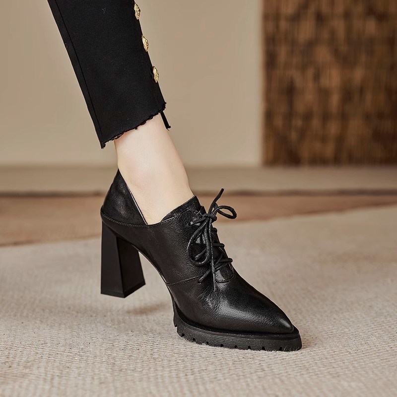 真皮粗跟深口单鞋女2025春秋新款高跟鞋尖头厚底系带英伦风小皮鞋