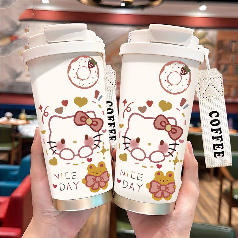 线条凯蒂保温杯男款女士高颜值2025新款学生上学专用杯子咖啡吸管