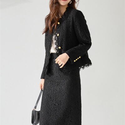 明星同款法式股线蕾丝睫毛花边小香风套装外套15553半裙15578