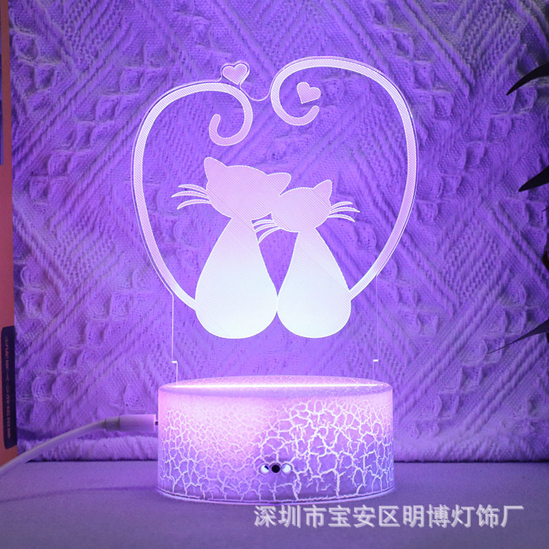 新奇特爱情猫3D小夜灯裂纹触摸七彩遥控led台灯创意摆件厂家批发