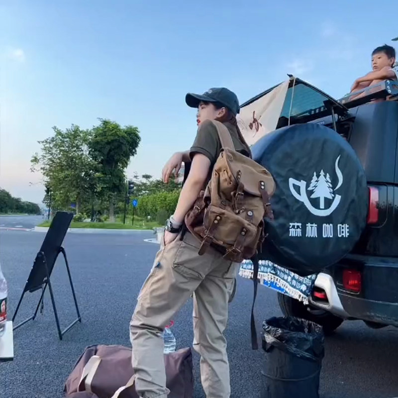 工装帆布复古双肩包男户外军旅行登山徒步胡椒盐摩托车骑行背包女