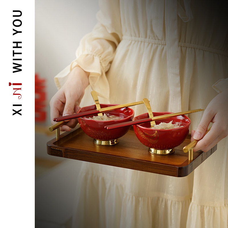 喜霓喜碗套装礼盒结婚餐具碗筷一对红色新婚礼物敬茶改口陪嫁物品