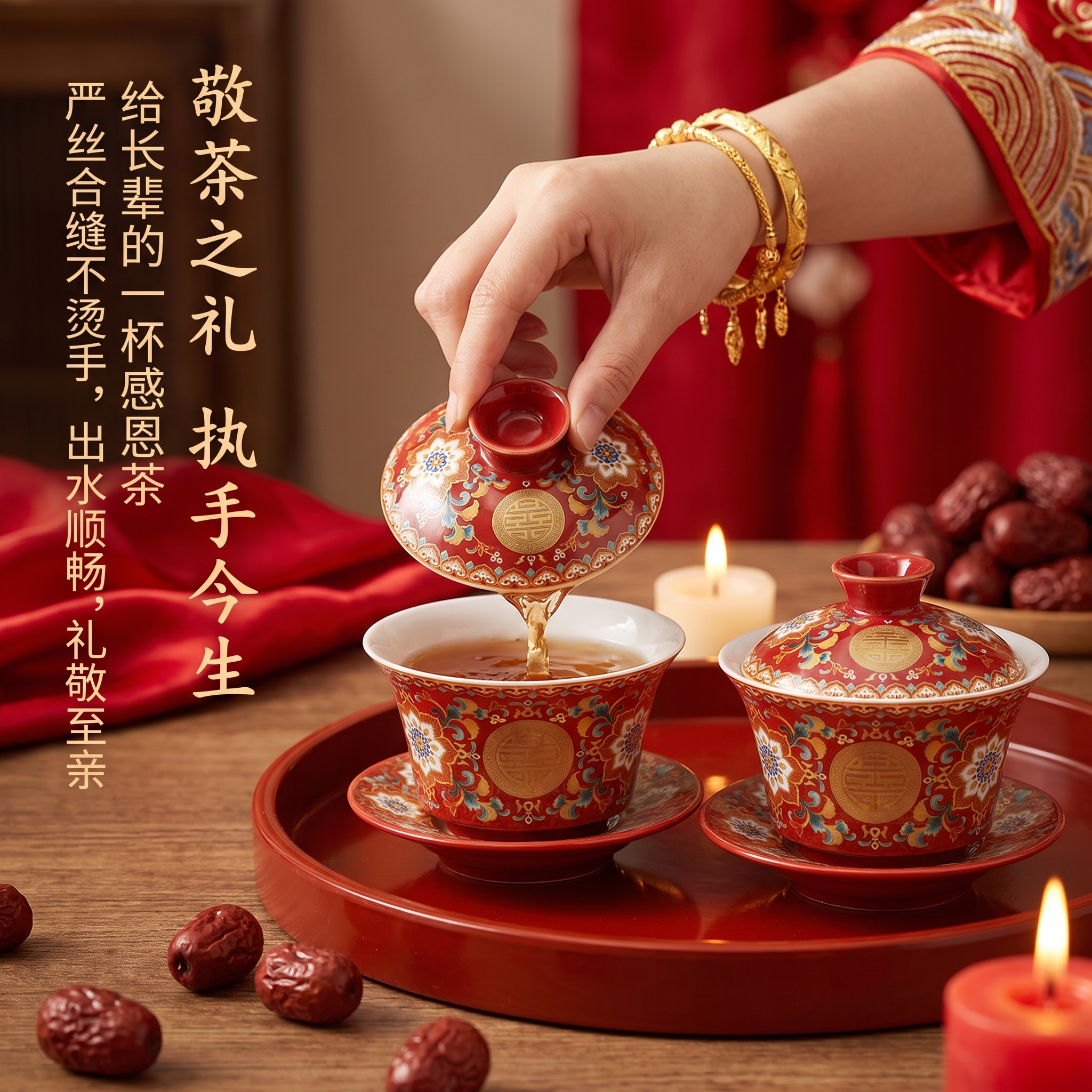 喜霓珐琅彩结婚送新人敬茶杯一对婚礼改口盖碗喜碗套装女方陪嫁
