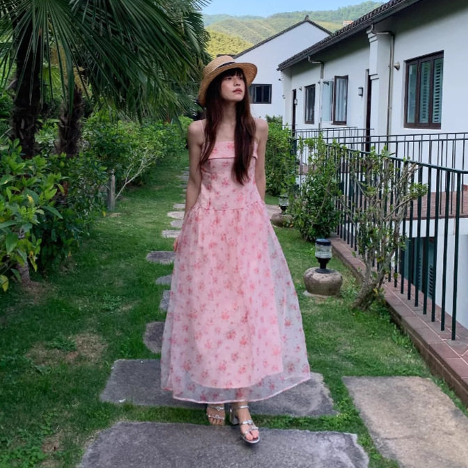 法式薄纱碎花吊带连衣裙女夏雪纺海边度假沙滩裙长裙高级感收腰裙