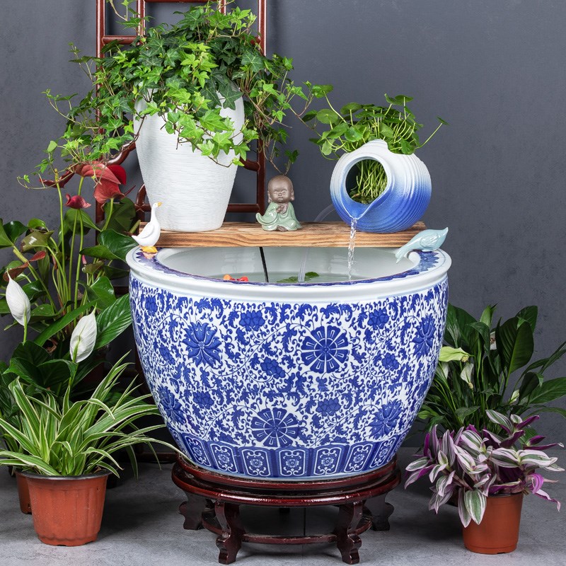 庭院大缸景德镇青花瓷水缸金鱼缸荷花缸陶罐循环流水造景水缸摆件