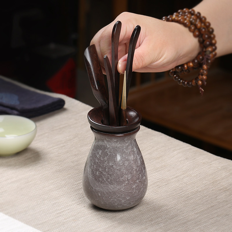 青瓷龙泉哥窑冰裂纹茶道工具黑檀六君子套装茶具配件茶夹茶勺茶针