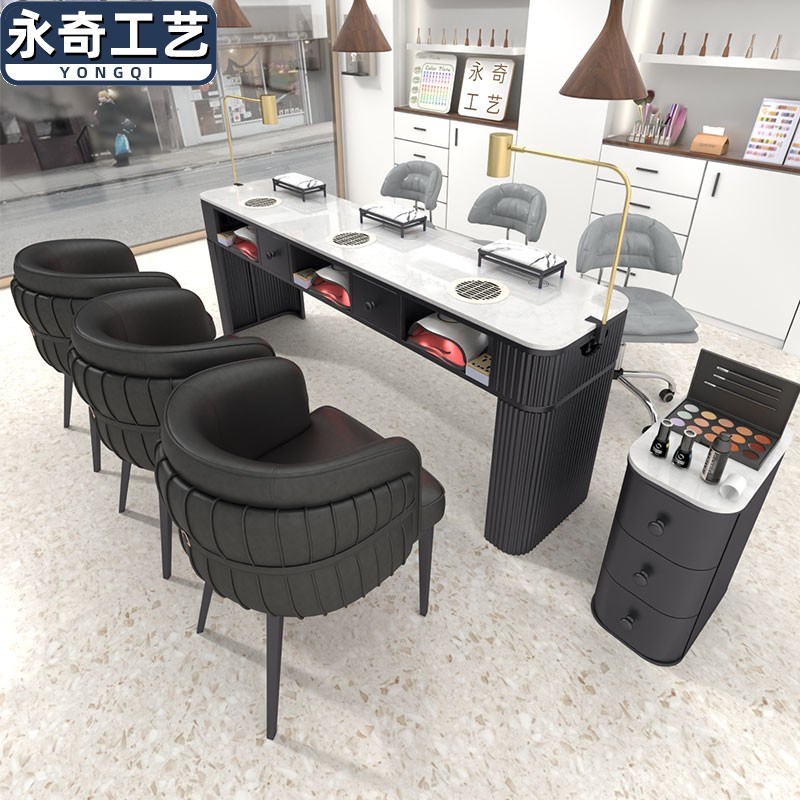 2025新款黑色美甲桌大理石面带吸尘器单双三人美甲台椅套装轻奢