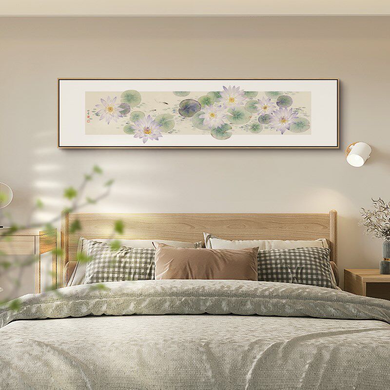 荷气满堂客厅装饰画新中式荷花沙发背景墙挂画茶室雅致横版无框画