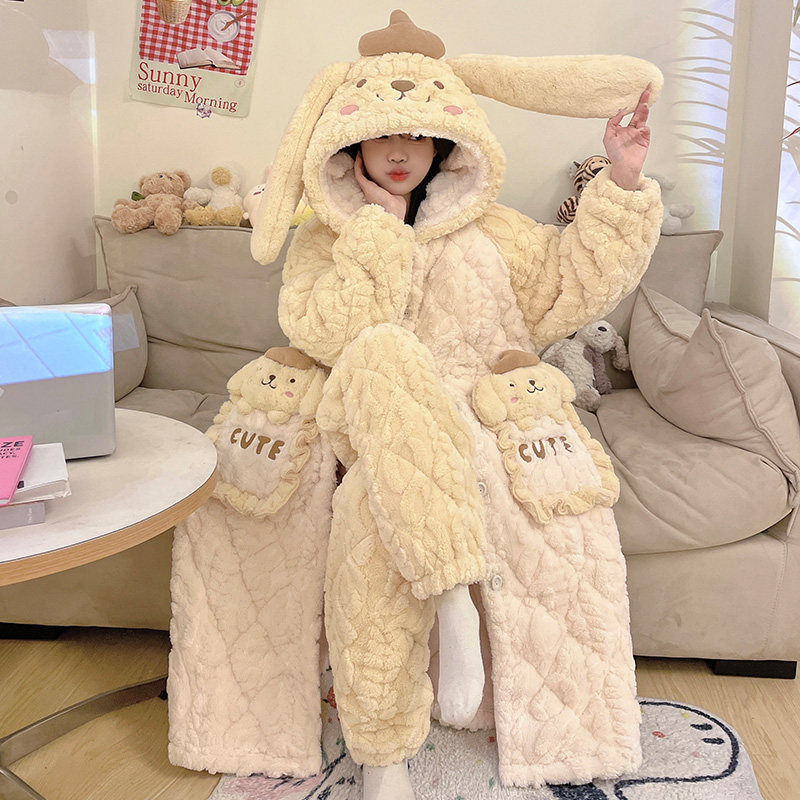 布丁狗珊瑚绒加厚加绒三层夹棉睡袍睡衣女款秋冬季家居服套装冬天
