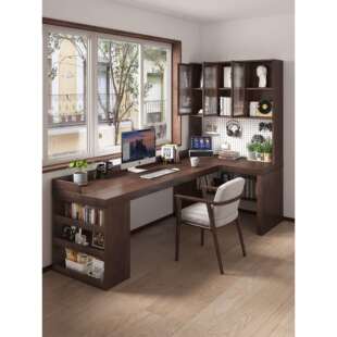 全实木转角书桌书柜一体l型办公工作台式家用拐角电脑桌书架组合