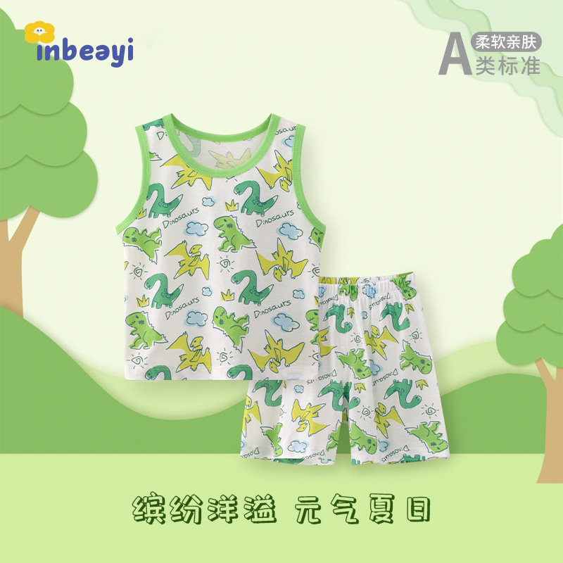 婴蓓依男童无袖夏季套装女宝宝纯棉背心短裤儿童可开裆夏装睡衣