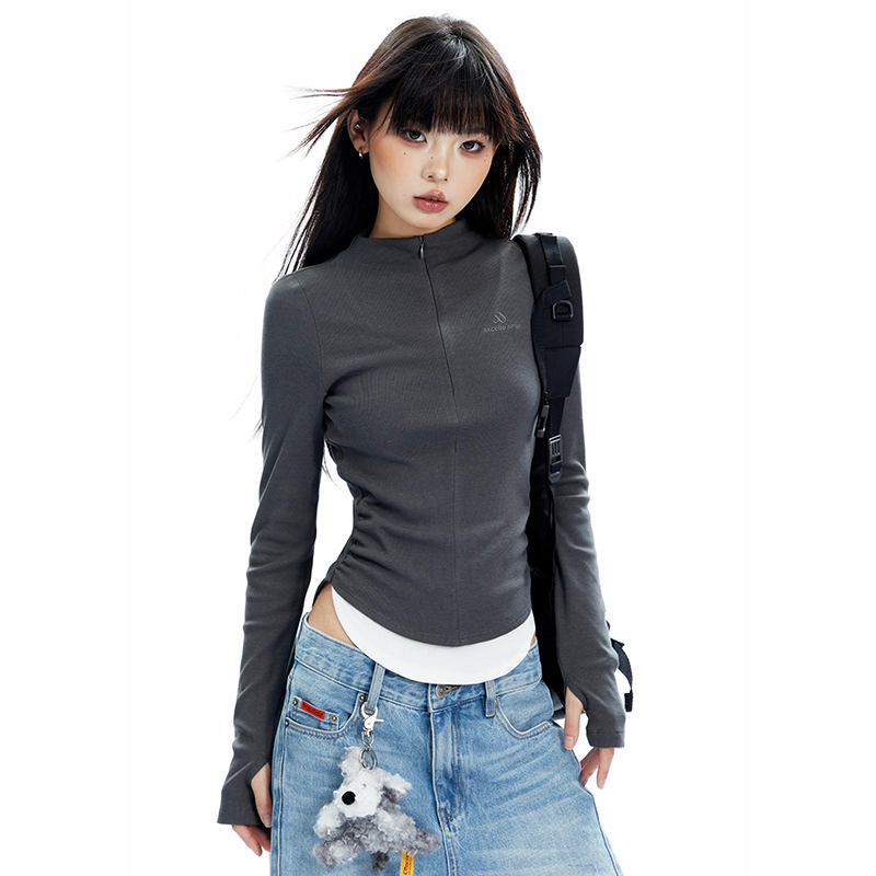 APEA半高领假两件开衫上衣打底衫