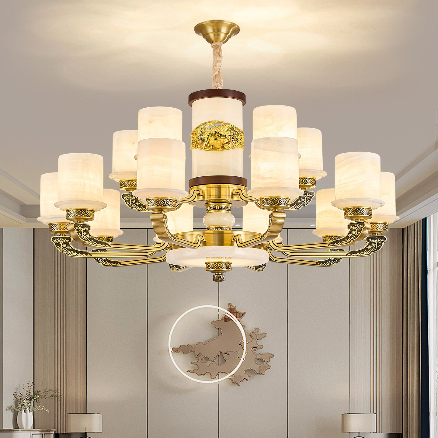 新中式全铜玉石客厅吊灯大气别墅复式楼挑空吊灯高端餐厅卧室灯具