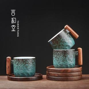 功夫茶具品茗杯茶杯主人杯单杯简约陶瓷家用木柄茶盏杯垫套装