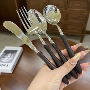 牛排刀叉套装 不锈钢304复古式 高级感轻奢鸡翅木西餐餐具刀叉勺子