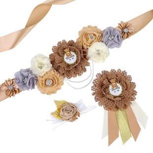 外贸女士腰带孕妇派对礼服腰封小熊款 准妈妈宴会搭配花朵腰带浅咖