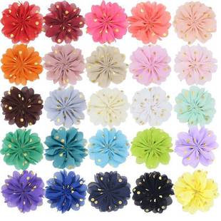 外貿(mào)7cm燙金圓點(diǎn)手縫圓盤雪紡布藝花朵少兒發(fā)飾胸花配件