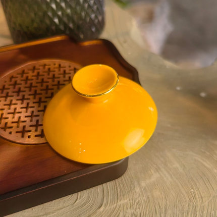 瑞泉三才盖碗盖子 茶碗盖子 金边新款黄色泡茶杯陶瓷岩茶具