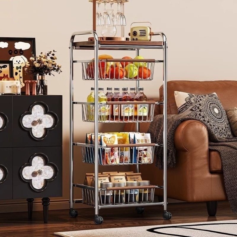 中古风零食多层小推车收纳置物架客厅移动架子厨房杂物菜篮子落地