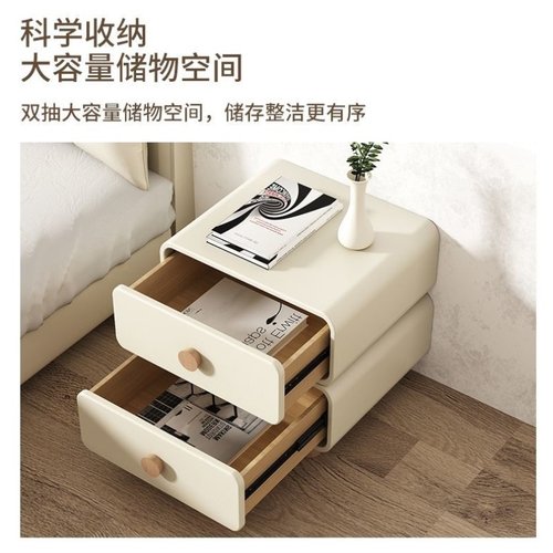 奶油风床头柜卧室实木皮质床边柜简约现代极简易免安装小型收纳柜