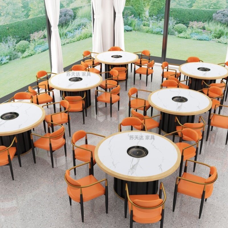 实木岩板大理石火锅桌子电磁炉商用一体无烟桌椅烤肉沙发卡座组合