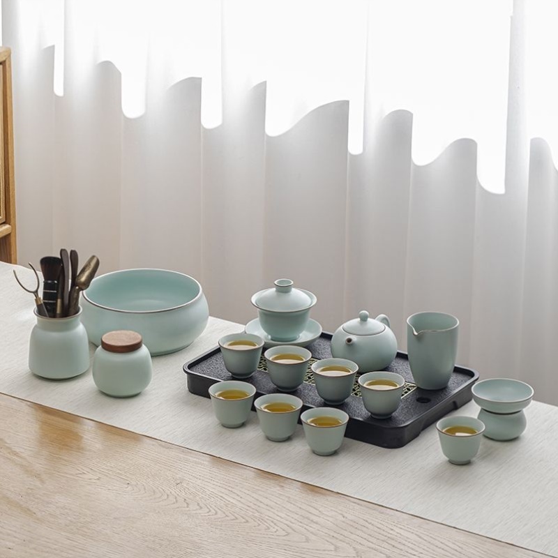 汝窑青瓷整套茶具家用陶瓷功夫茶具盖碗西施壶茶杯简约办公泡茶