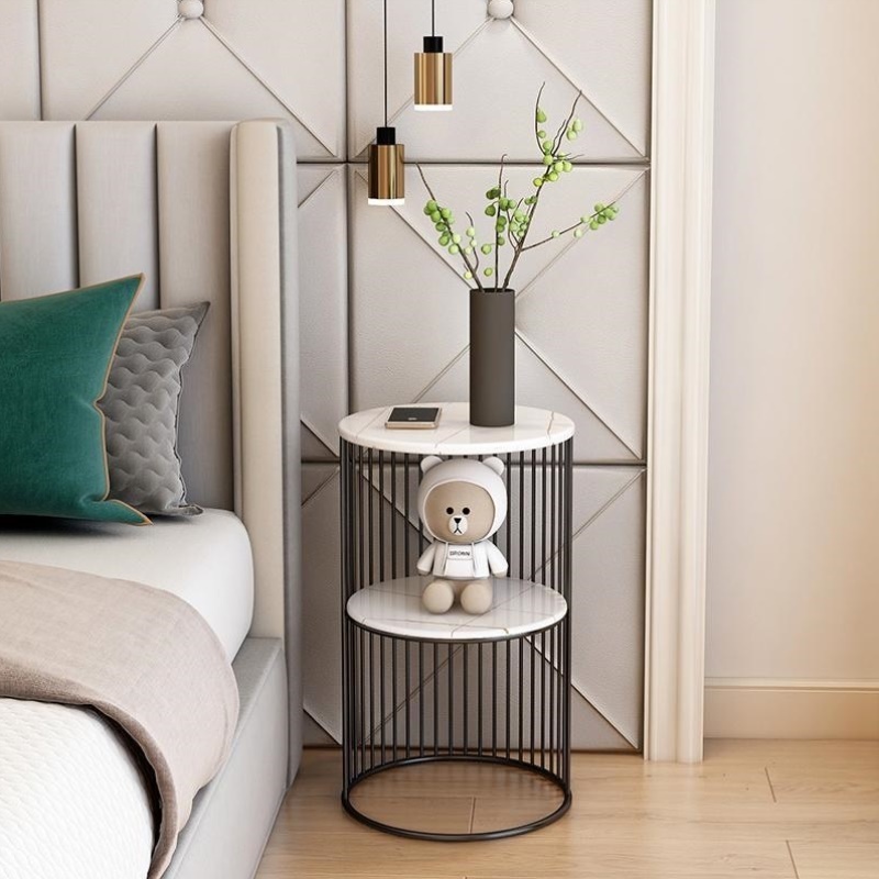 床头柜现代简约小型简易轻奢免安装儿童迷你奶油风岩板圆形床边柜