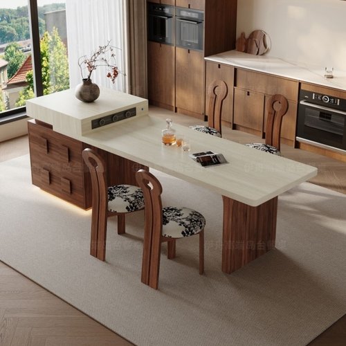 复古风胡桃色多功能可泡茶餐桌岛台一体家用可伸缩小户型餐厅岛台