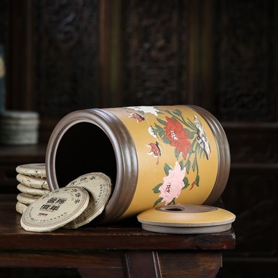 宜兴紫砂茶叶罐大号普洱茶罐陶瓷密封罐堆花存茶缸米缸中式茶饼罐