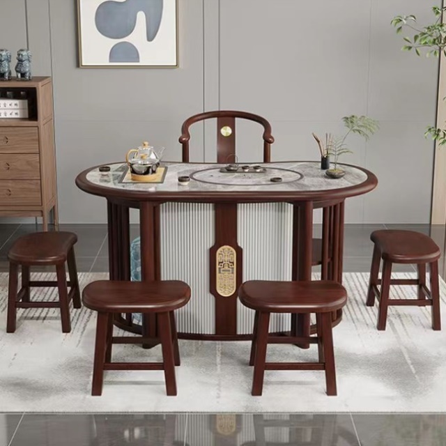 新中式岩板家用阳台茶几桌实木茶桌椅组合小户型自动上水泡茶台