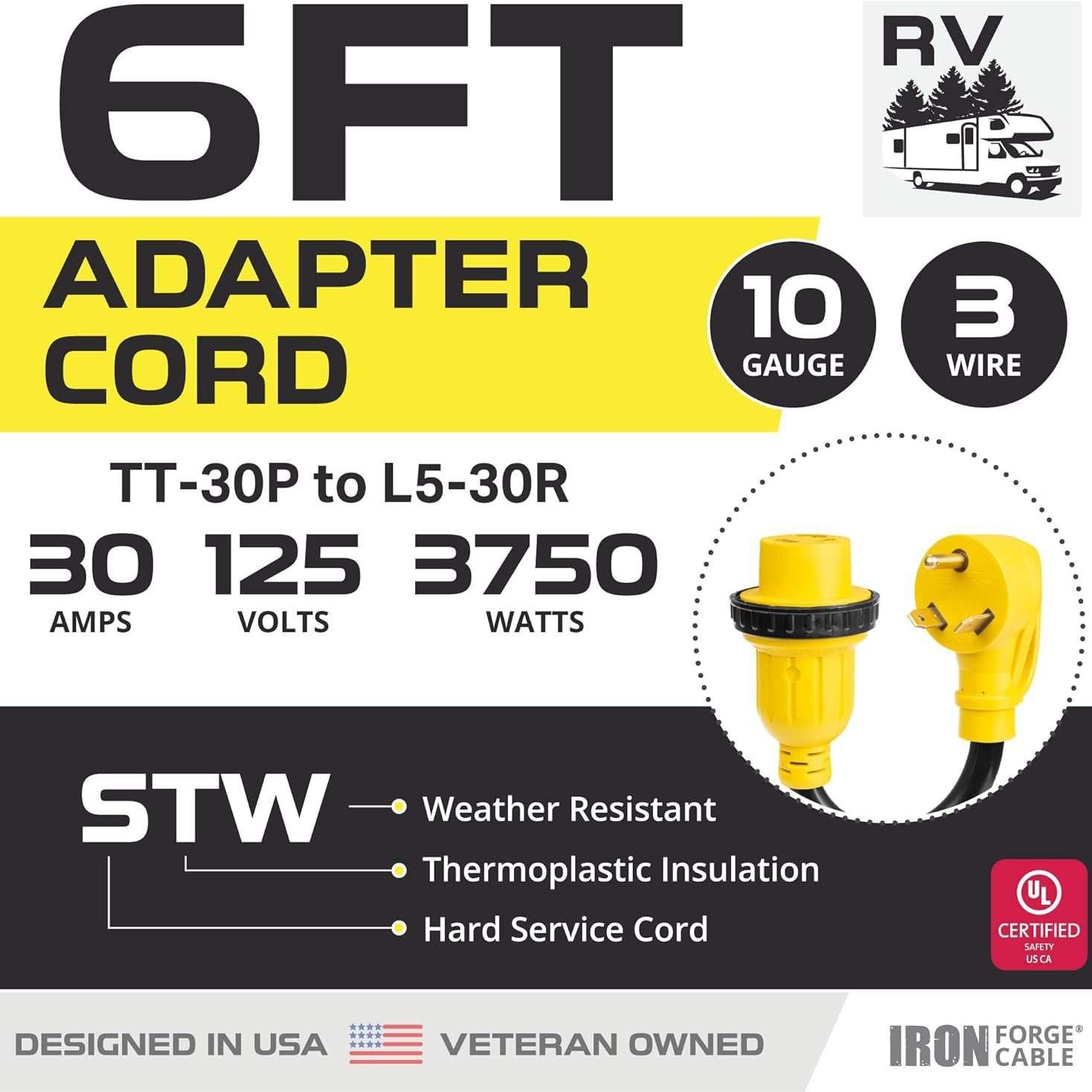 RV 延长线 6 英尺10/3 STW TT-30P 至 NEMA L5-30R125v RV 电源线