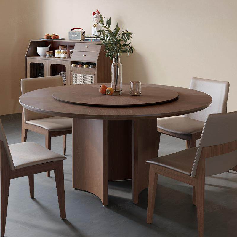 现代轻奢实木餐桌带转盘简约胡桃木色餐桌家用复古小户型大圆桌