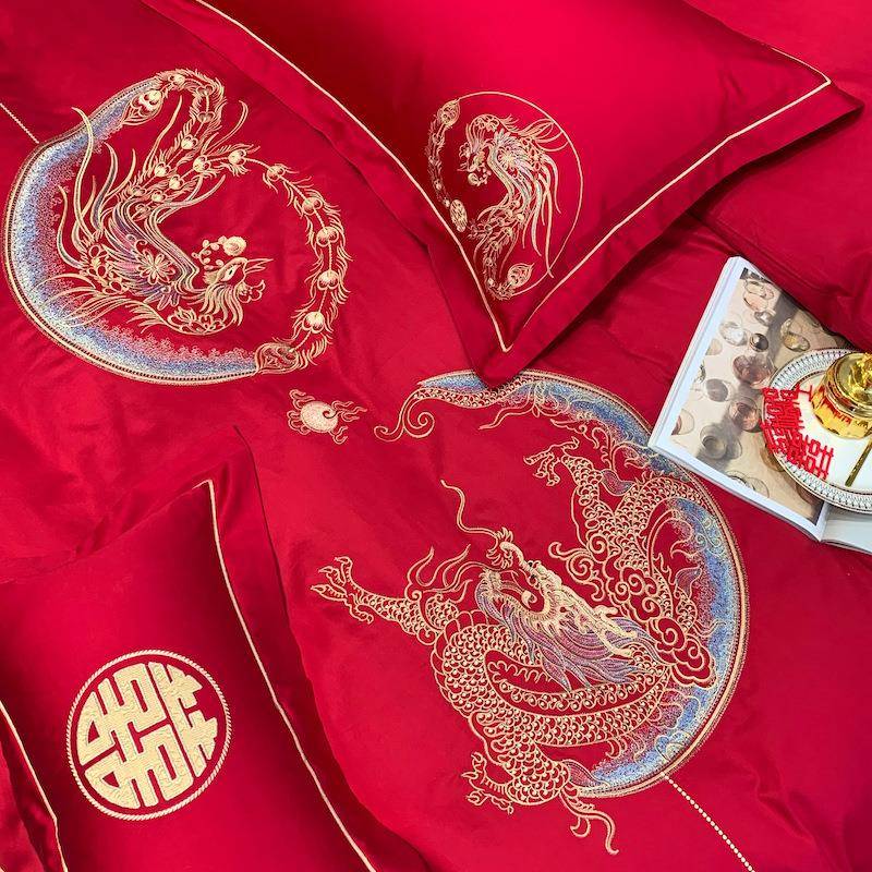 新中式龙凤刺绣四件套长绒棉被套结婚红喜被100支纯棉1.8米双人床