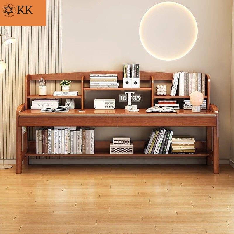 双人实木书桌儿童学习桌客厅电脑长条桌卧室学生写字桌书架一体