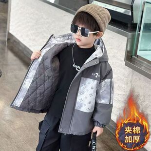 男童夹棉外套2025秋冬装新款宝宝加厚上衣儿童连帽深秋初冬派克服