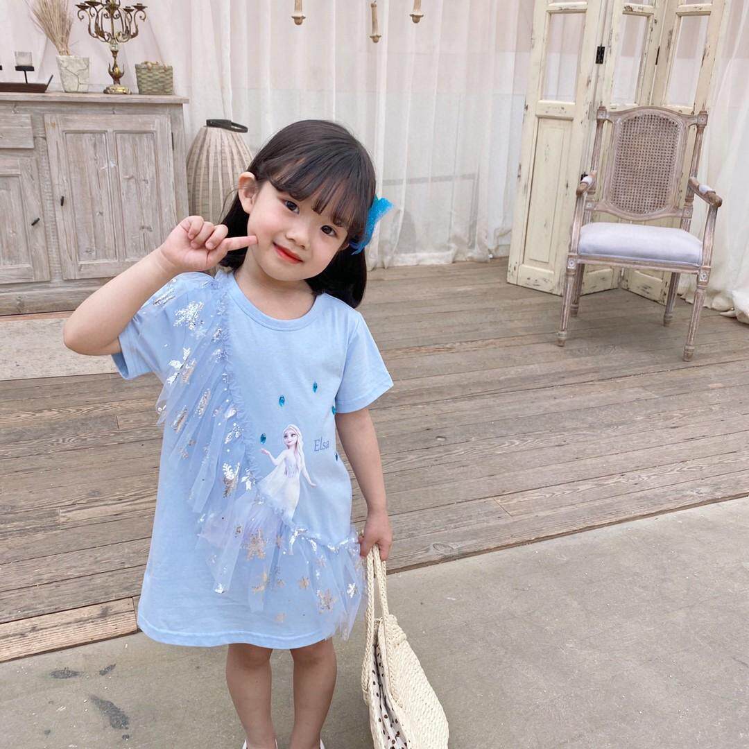 爱莎公主裙子夏2023女童洋气网纱卡通连衣裙宝宝中长款短袖t恤裙