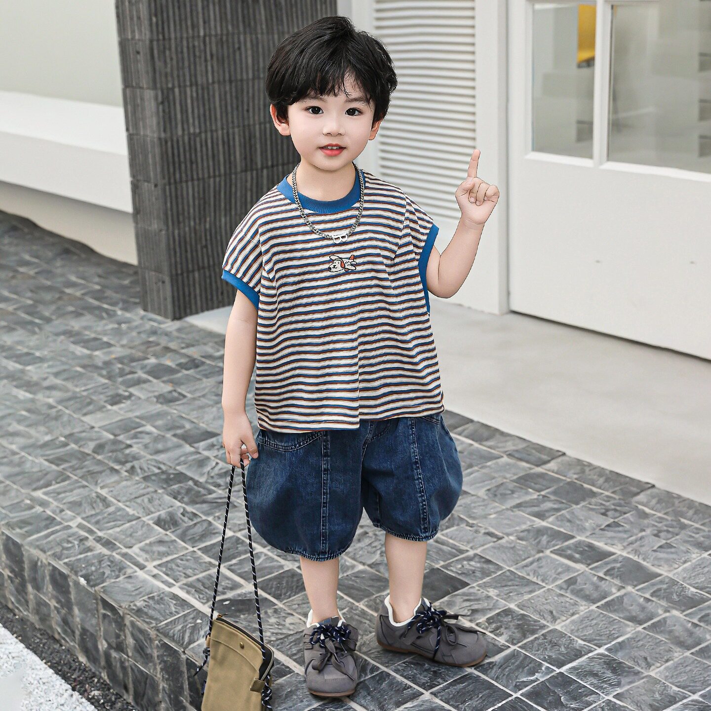 男童夏季韩版条纹背心套装2026新款牛仔短裤两件套儿童中小童衣服