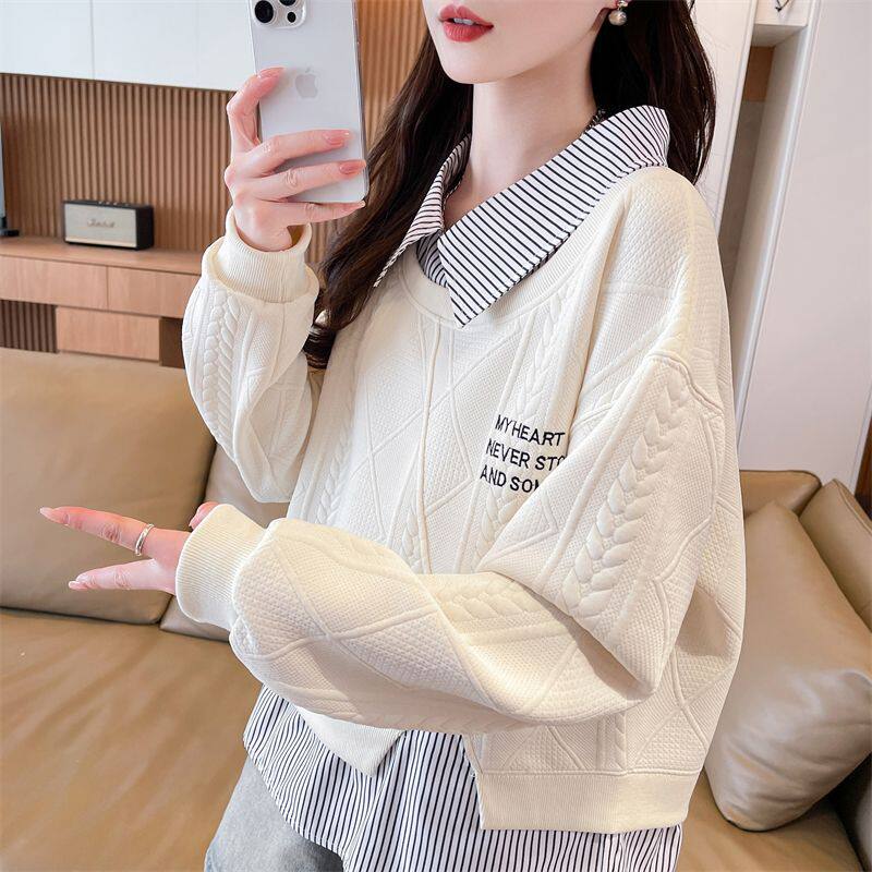 早秋衬衫领卫衣女2025新款春秋韩版宽松薄款初中生假两件上衣外套图片