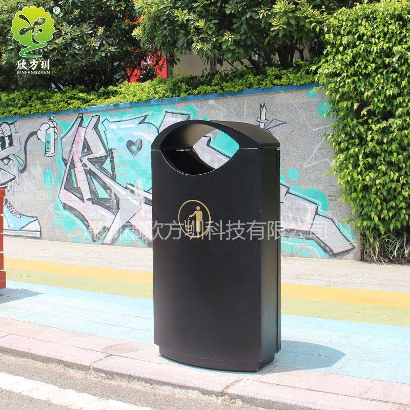 户外街道高档烤漆喷塑不锈钢垃圾桶黑色烤漆金属果皮箱单筒