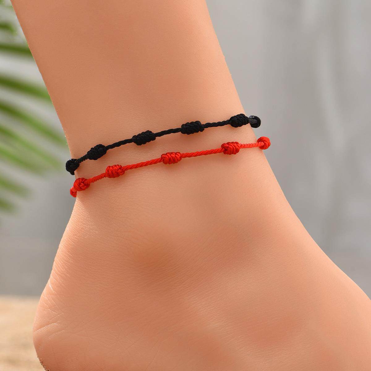 时尚度假沙滩风脚饰幸运红绳调节情侣脚链2条装亲子友谊脚绳