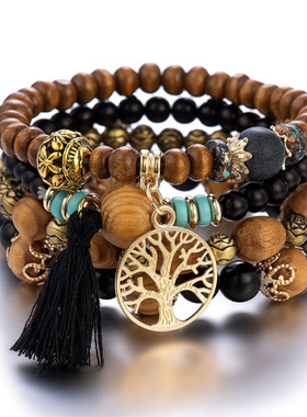 欧美热销波西米亚风手饰生命之树多层木珠松石手串四件套