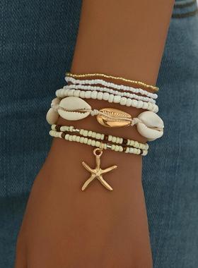 波西米亚沙滩风手链套装夏日多巴胺海星米珠贝壳手绳六件套女