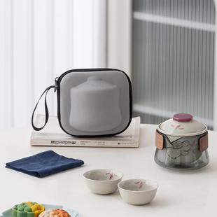 户外泡茶壶收纳包 手绘萌兔快客杯一人茶具玻璃便携旅行茶具套装