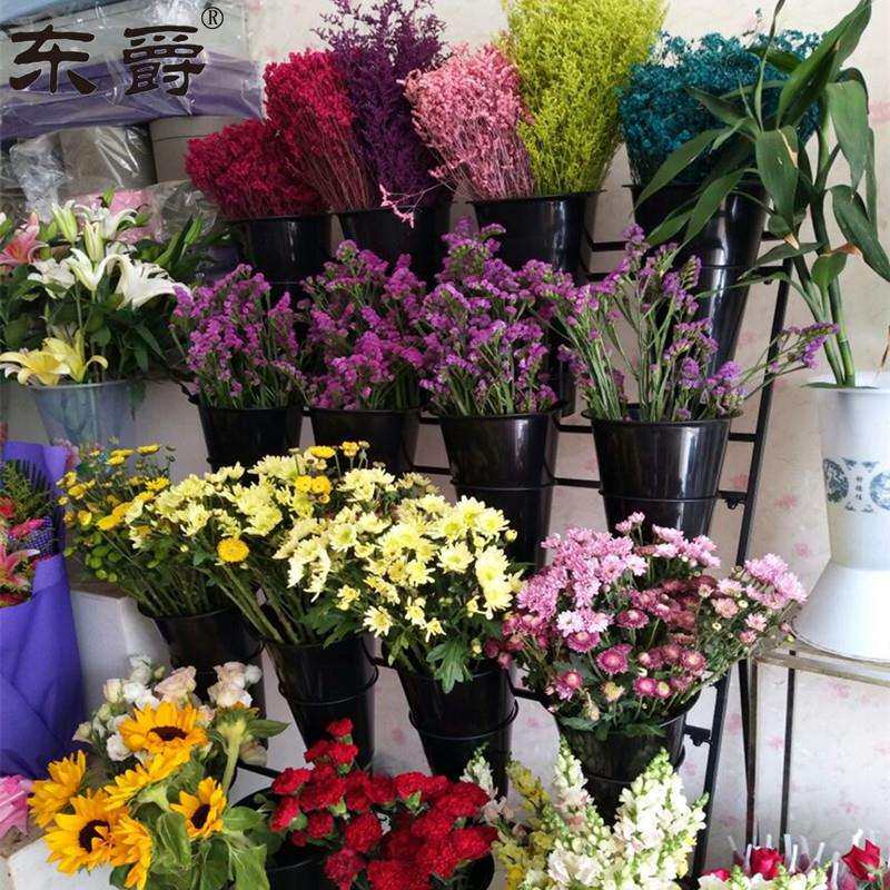 花店鲜花展示架多层阶梯花架摆花带万向轮铁艺架子养花桶塑料花筒
