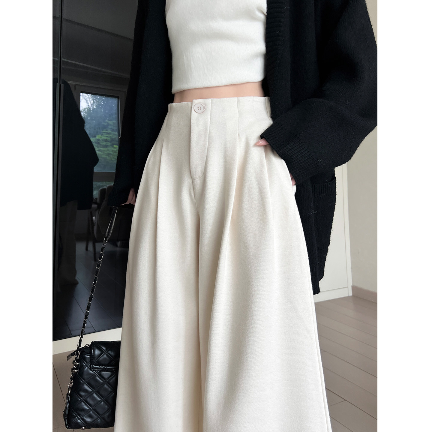 米白色毛呢西装裤女秋冬2025新款高腰宽松直筒加绒加厚糯米阔腿裤
