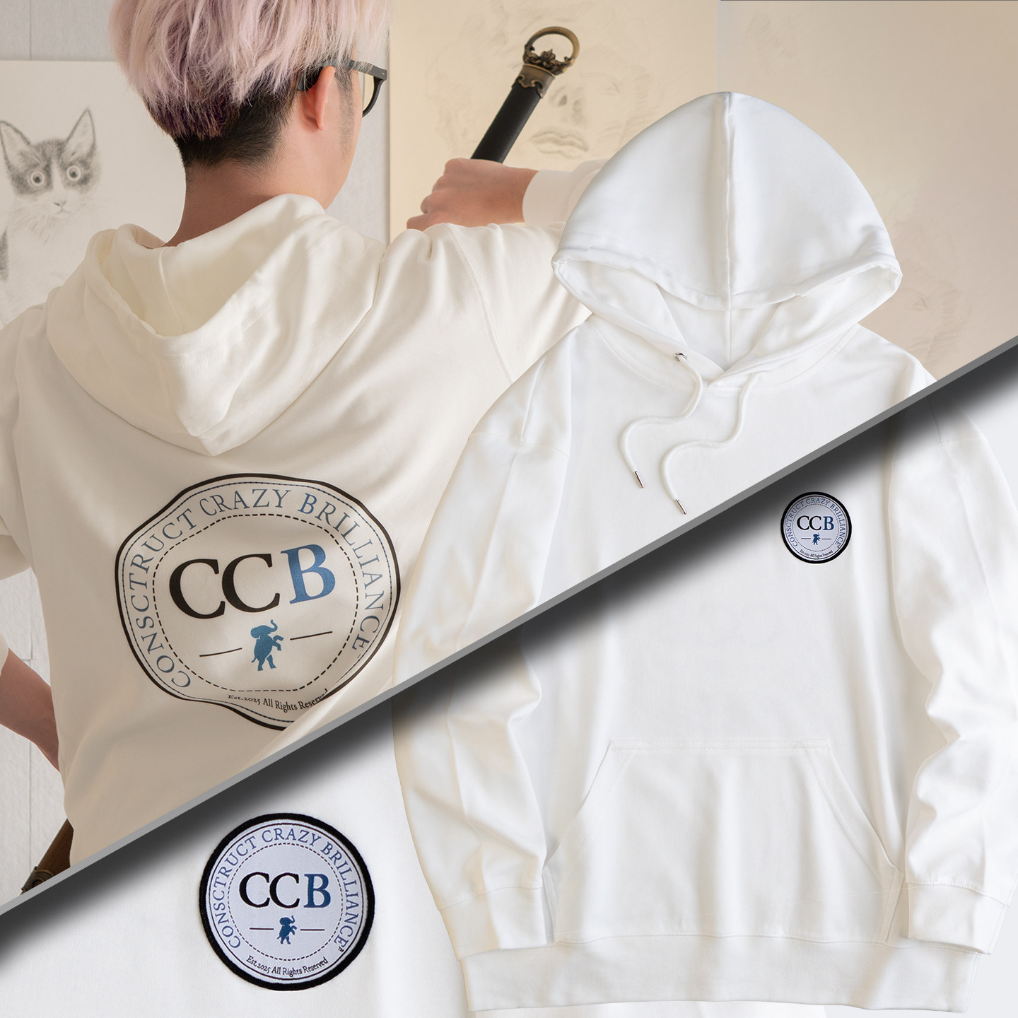 CCB卫衣连帽卫衣徽章校服风格轻薄圆领300g踩踩背电棍OTTO男女
