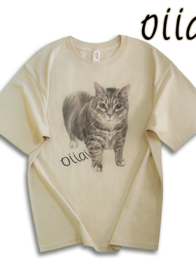 T恤oiiai猫meme宽松男女纯棉短袖微落肩素描可爱卡通圆领tee